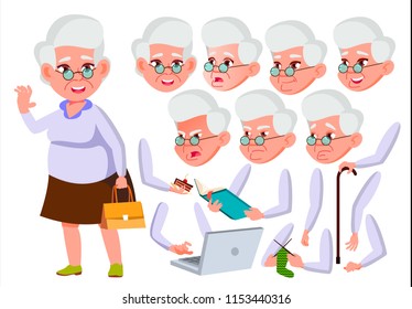 Old Woman Vector. Senior Person. Aged, Elderly People. Caucasian, Positive. Face Emotions, Various Gestures. Animation Creation Set. Isolated Flat Cartoon Character Illustration