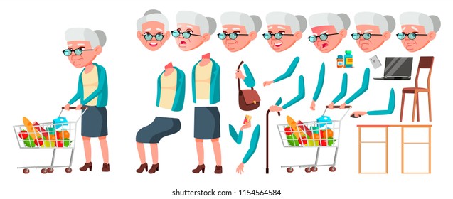 Old Woman Vector. Senior Person Portrait. Elderly People. Aged. Animation Creation Set. Face Emotions, Gestures. Beautiful Retiree. Life. Print Design. Animated. Isolated Cartoon Illustration