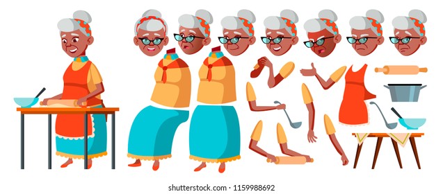 Old Woman Vector. Senior Person Portrait. Elderly People. Aged. Black. Afro American. Animation Creation Set. Face Emotions, Gestures. Comic Pensioner. Lifestyle. Animated. Cartoon Illustration