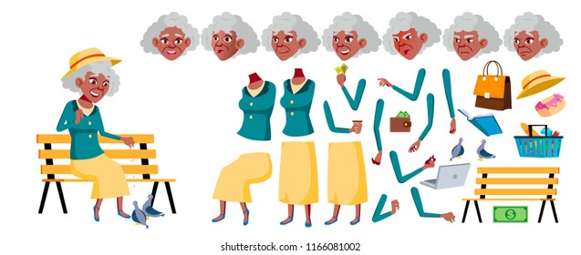 Old Woman Vector. Senior Person Portrait. Black. Afro American. Elderly People. Aged. Animation Creation Set. Face Emotions, Gestures. Cute Retiree. Activity. Animated. Cartoon Illustration