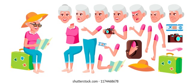 Old Woman Vector. Senior Person Portrait. Elderly People. Aged. Animation Creation Set. Face Emotions, Gestures. Caucasian Retiree. Smile. Web, Poster. Animated. Isolated Cartoon Illustration