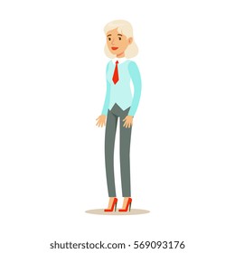 Old Woman In Vest With A Tie, Part Of Office Workers Series Of Cartoon Characters In Official Clothing