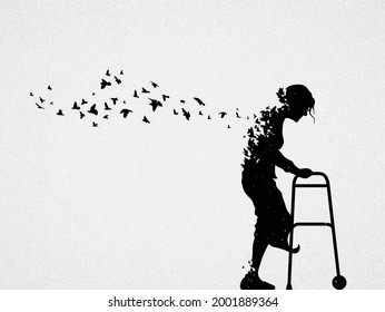 Old woman with walker. Death and afterlife. Flying birds silhouette