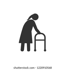 Old woman, walker icon. Vector illustration, flat design.