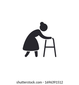 Old woman with walker icon, vector isolated illustration.