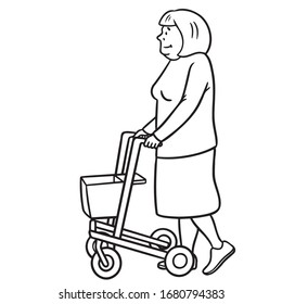 old woman with walking aid from the side. monochrome, comic illustration