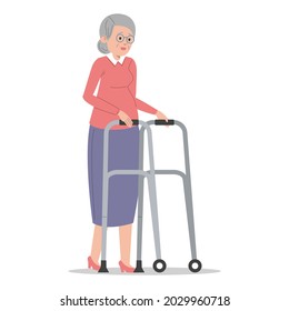 Old woman with walking aid vector isolated. Grandmother walking using special equipment. Idea of health and support. Person with disability.