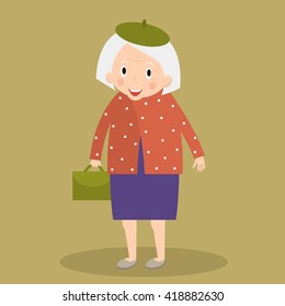 Old woman walking with bag. Grandmother. Cute senior lady walking. Vector illustration.