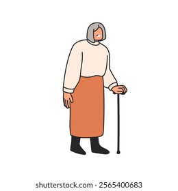 Old woman with walking cane. Senior elderly female character smiling, going and leaning on stick. Elder aged lady, granny strolling on street. Flat vector illustration isolated on white background