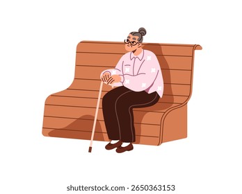 Old woman with walking cane sits on wooden bench in park. Senior lady with glasses relaxes outdoors. Elderly person, granny has a rest on seat. Flat isolated vector illustration on white background