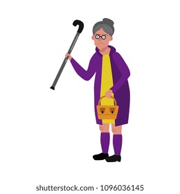 Old woman walking with cane, wicker basket in glasses, rubber boots and coat with angry dissatisfied face emotion. Elderly senior female characterm grandmother unhappy face. Vector flat illustration