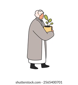 Old woman walking, carrying potted plant in hands. Senior older female going outdoors, holding houseplant. Elderly aged gray-haired granny. Flat vector illustration isolated on white background