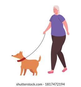 old woman walking with dog mascot in white background vector illustration design