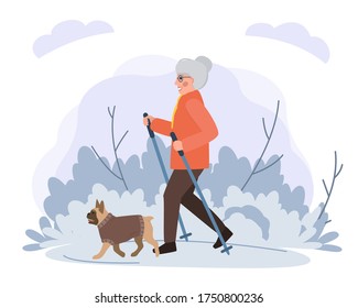 Old woman walking with dog in park flat illustration. Stock vector. Sport and activity with dogs for the elderly people, nordic walking, healthy lifestyle.