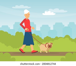 Old Woman Walking the Dog in the Park Vector Illustration