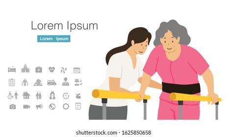 old woman walking exercise in parallel bar with physical therapist cartoon character design with icon set