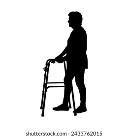 Old woman with walking frame side view vector silhouette.. Elderly woman using walking frame for help her walking physical therapy silhouette.