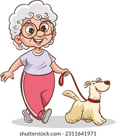 Old woman walking her dog. They walk in the park. Best friends. Vector graphic.