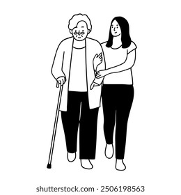 Old woman walking with her grandchild handdrawn illustration