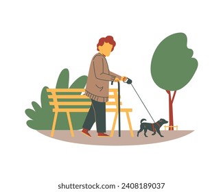 An old woman walking his dog in the park. Flat style vector illustration.