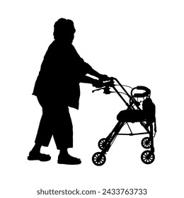 Old woman walking with rollator or walker walking aid vector silhouette.