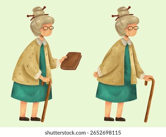 mulher velha com vara de pé segurando livro e postura de pé parada. Ilustração de vetor aquarela de desenhos animados