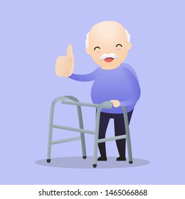 Old woman walking with a walking stick. Man caring for elderly man with walking stick. vector, illustration