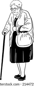 Old woman with a walking stick Senior people lifestyle Hand drawn line art Illustration
