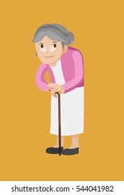 Old woman with walking stick standing.