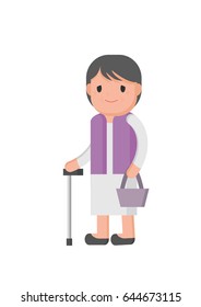 Old woman with walking stick standing. Vector