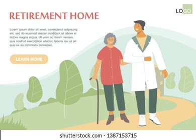 Old woman with walking stick talking with doctor. Nursing home, rehabilitative centres, long-term care facilities, clinics concept. Health worker helps retiree with his physical recovery.