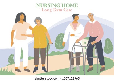 Old woman with walking stick talks with nurse. Retiree with Zimmer frame walks with doctor. Nursing home, long-term care facilities. Health worker helps retiree with his physical recovery.