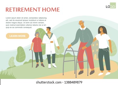 Old woman with walking stick talks with doctor. Retiree with Zimmer frame walks with nurse. Nursing home, long-term care facilities. Health worker helps retiree with his physical recovery.