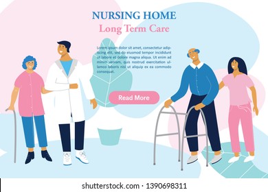 Old woman with walking stick talks with nurse. Retiree with Zimmer frame walks with doctor. Nursing home, long-term care facilities. Health worker helps retiree with his physical recovery. 