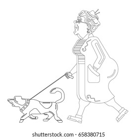 Old woman walks with dog on white background. Graceful grandma. Pensioner free time. Old woman  in profile. An elderly woman with overweight.  Pensioner live. Black silhouette old woman lines