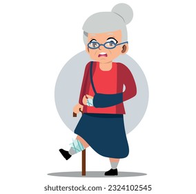 An old woman walks with the help of crutches. Vector illustration. Isolated on a white background.