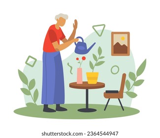 Old woman watering flowers in pots. Positive senior spending time at home. Happy old age. Concept of happy retirement. Flat vector illustration in cartoon style