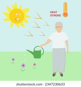 old woman watering flowers under the scorching sun