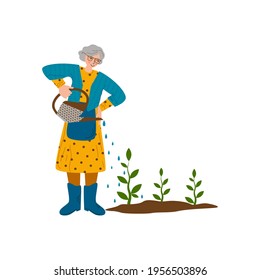 Old Woman Is Watering Plants. A Hobby Is Gardening. The Joy Of Working Outdoors. Flat Style Vector Illustration Isolated On White Background.