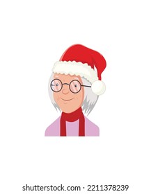 old woman wearing Christmas outfits on white background. Perfect for coloring book, textiles, icon, web, painting, books, t-shirt print. Xmas hat vector. 
