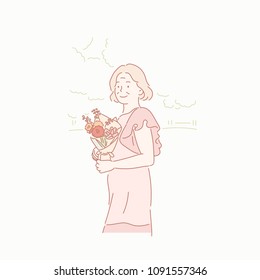 An old woman wearing an elegant dress and holding a bouquet. hand drawn style vector doodle design illustrations.