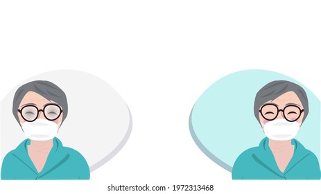 An old woman is wearing foggy glasses. A cartoon drawing vector illustrated solution anti-fog banner or foggy surfaced lens design with copy space to fill heading for UX glasses optometry for elderly 