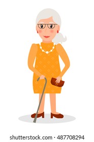Old woman wearing glasses and with cane in flat style. EPS10 vector illustration of elderly woman character with walking stick.