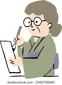 An old woman wearing a kimono and composing a haiku