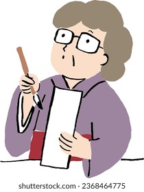 An old woman wearing a kimono and composing haiku2