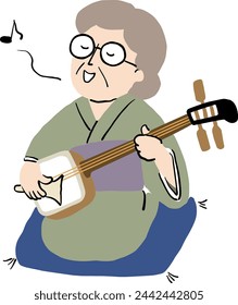 An old woman wearing a kimono and singing while playing the shamisen
