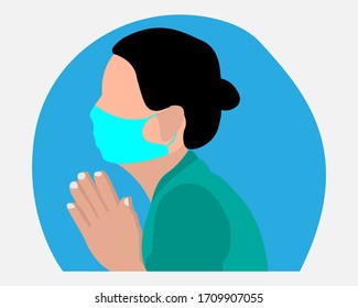 old woman wearing mask and praying corona virus outbreak sad female hands folded in prayer, artwork vector illustration design blue, white background