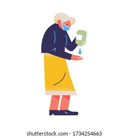 Old woman wearing protective medical mask and using sanitizer