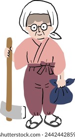 An old woman wearing work pants and going to work in the field