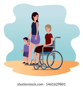 old woman in the wheelchair with her daughter and grandson